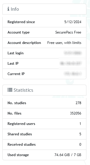 SecurePACS My Account page showing Info section with registered date and account type, and Statistics section with study count, file count, shared studies, received studies, and used storage