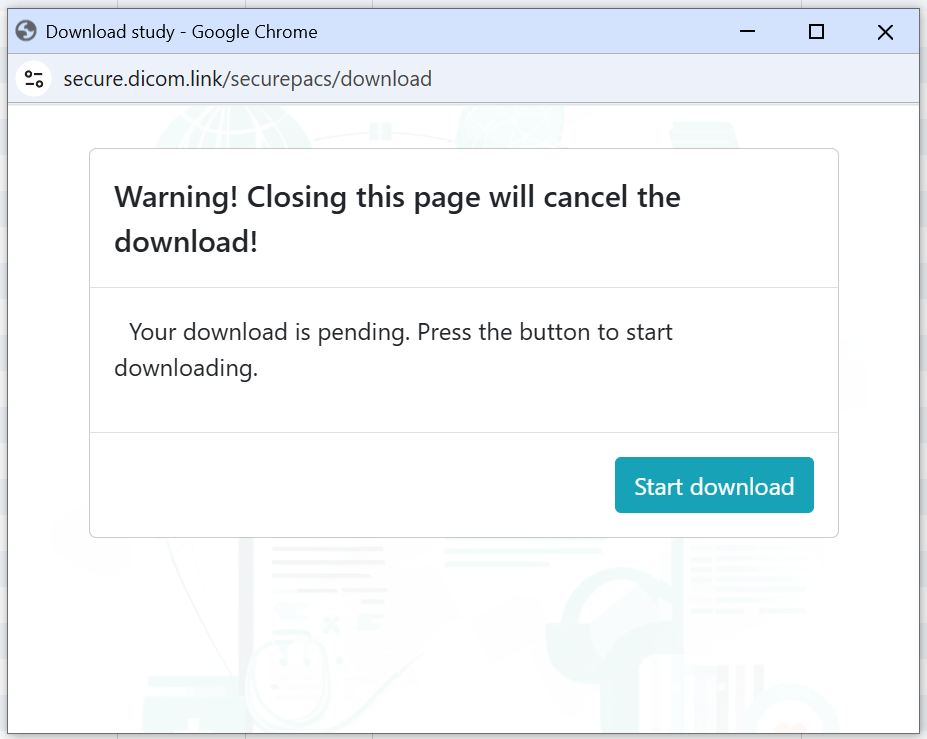 SecurePACS download page warning that closing the page will cancel the download, with a Start download button