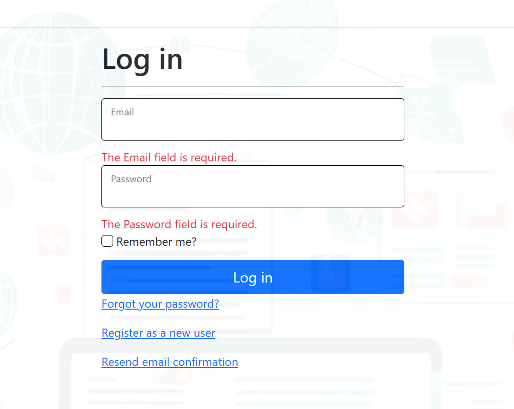 SecurePACS Log in page showing email field, password field, Remember me checkbox, Log in button, Forgot your password link, Register as a new user link, and Resend email confirmation link