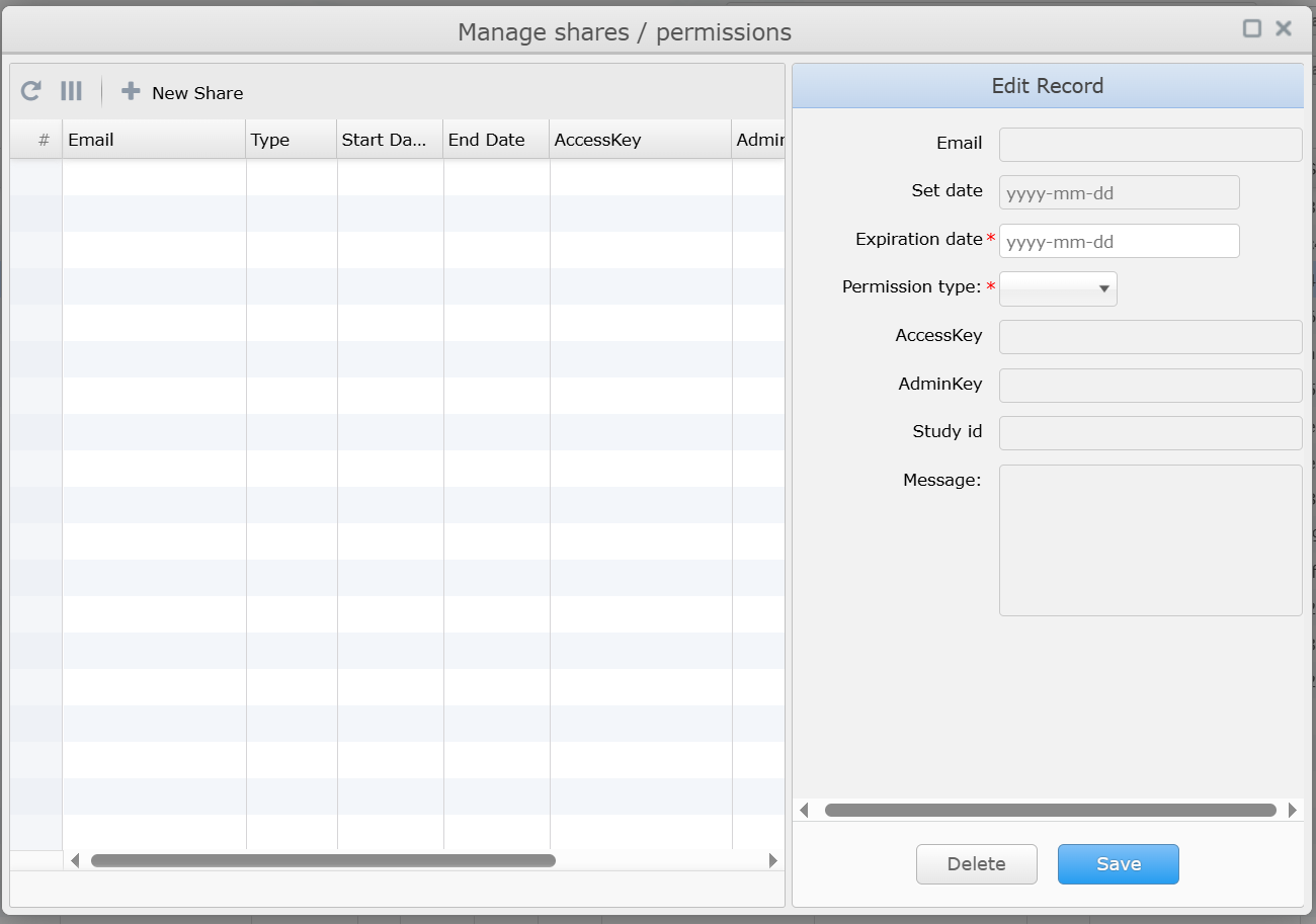 SecurePACS Manage shares permissions dialog with share list grid on the left and an Edit Record panel on the right with Expiration date, Permission type, and Save and Delete buttons