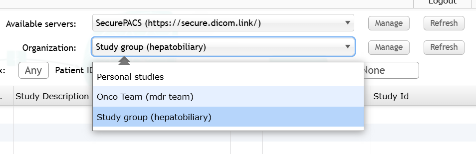 SecurePACS Organization dropdown open showing Personal studies, Onco Team, and Study group as selectable study sources