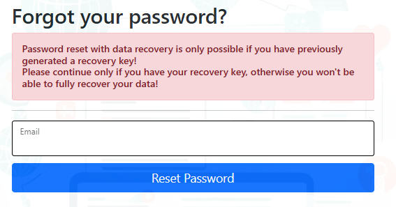 SecurePACS Forgot your password page with warning that recovery key is required for data recovery, email field, and Reset Password button