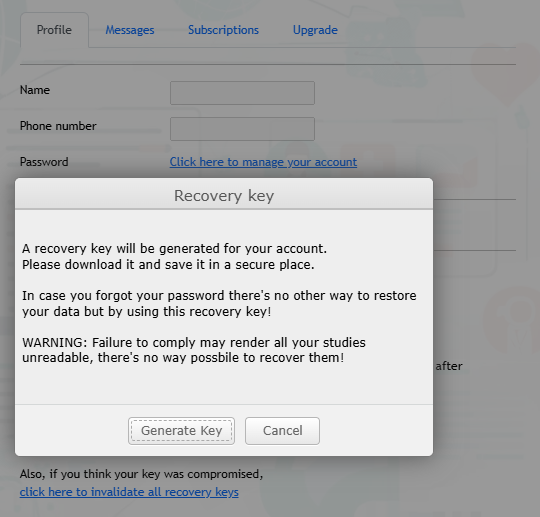 SecurePACS Recovery key generation dialog warning that the key must be downloaded and saved, with Generate Key and Cancel buttons