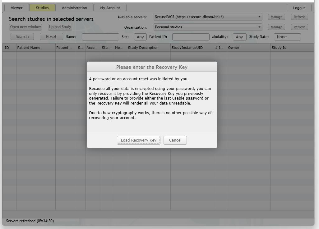 SecurePACS Please enter the Recovery Key dialog with Load Recovery Key and Cancel buttons, explaining that data is encrypted and only the recovery key can restore it