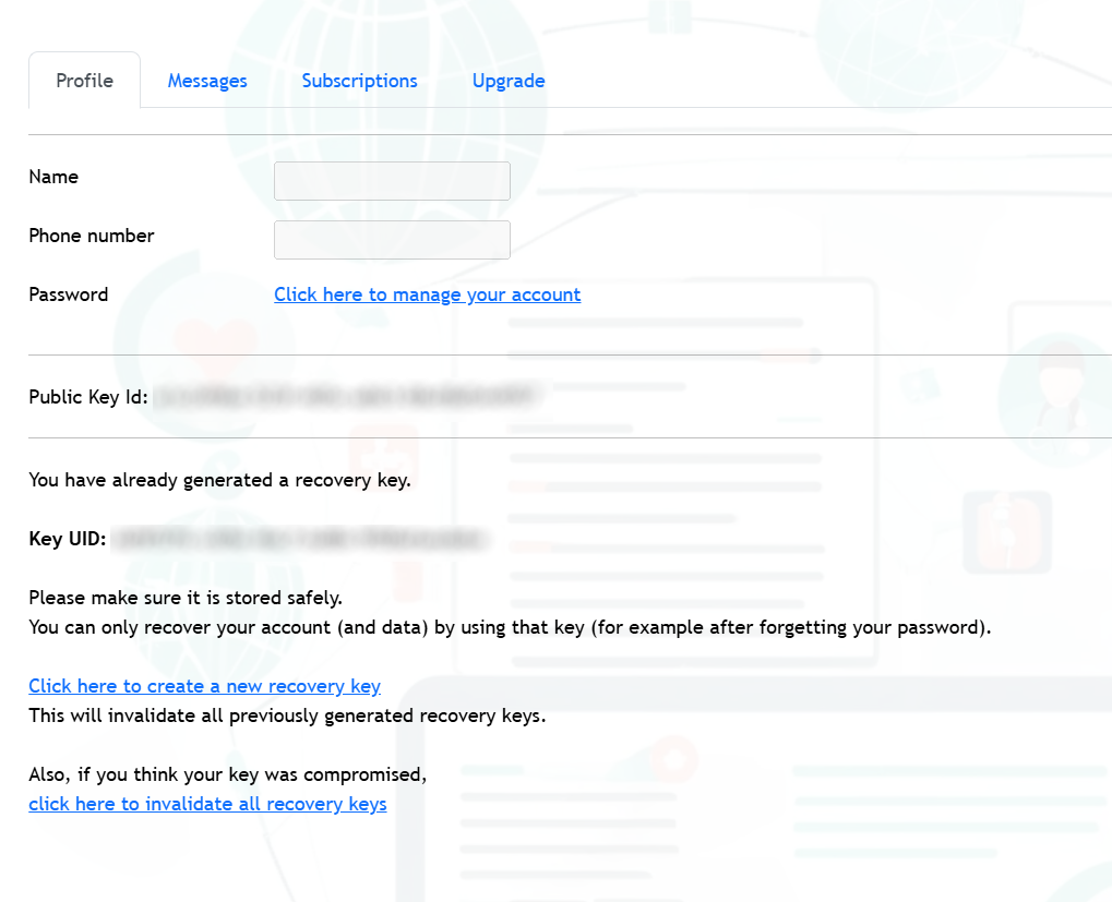 SecurePACS My Account Profile tab showing recovery key status with Key UID blurred and links to create a new recovery key or invalidate all recovery keys