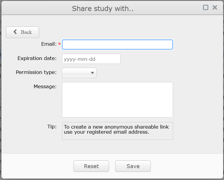 SecurePACS Share study with dialog showing Email field, Expiration date, Permission type dropdown, Message textarea, and a Tip that entering your own email creates an anonymous shareable link