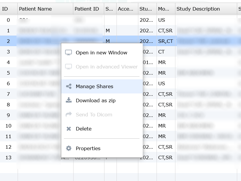 SecurePACS study row context menu showing Open in new Window, Open in advanced Viewer greyed out, Manage Shares, Download as zip, Send To Dicom greyed out, Delete, and Properties