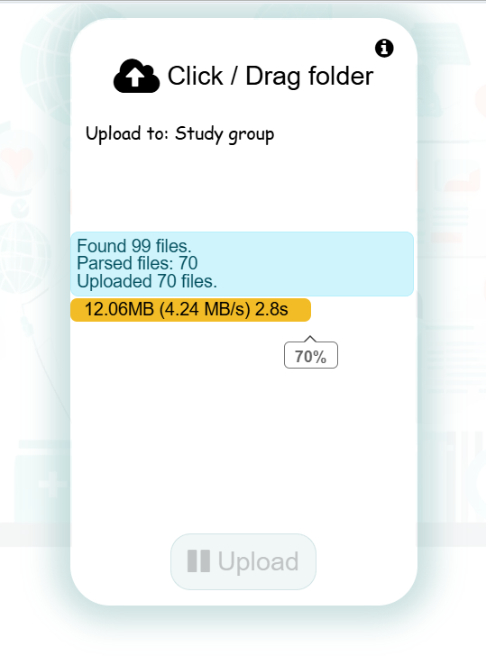 SecurePACS upload in progress showing Found 99 files, Parsed files 70, Uploaded 70 files, 12 MB at 4 MB per second, and 70 percent progress