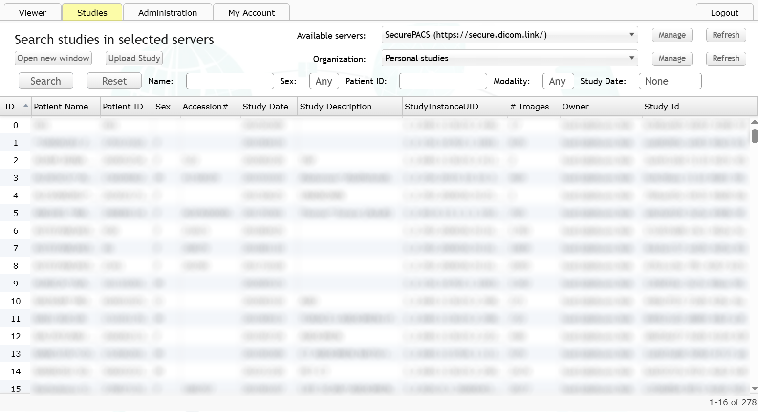 SecurePACS main workspace showing Viewer, Studies, Administration, and My Account tabs with Logout, Studies tab active, search bar, and blurred study list